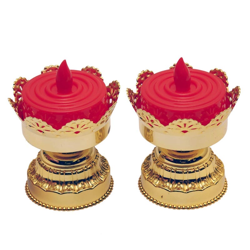 TGOPIT Flickering Led Candles Lotus Flower Shaped Dancing Flame Flickering Led Tealight Lights for Decoration Artificial Lights Diya with Battery Batteries Not Included Red Golden Stand2 Pcs - Image 1