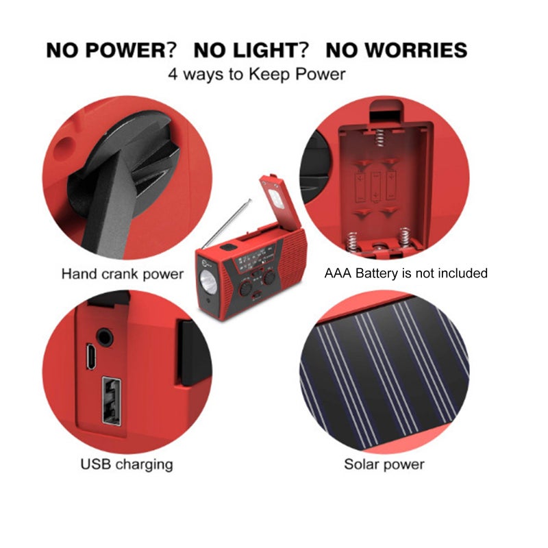 AM/FM & NOAA Emergency Radio Hand Crank Radio with Flashlight for SOS Emergency Portable Solar Radios Self Powered AM/FM Radio with 2000mAh Power Bank Cell Phone Charger USB Rechargeable Great - Image 3