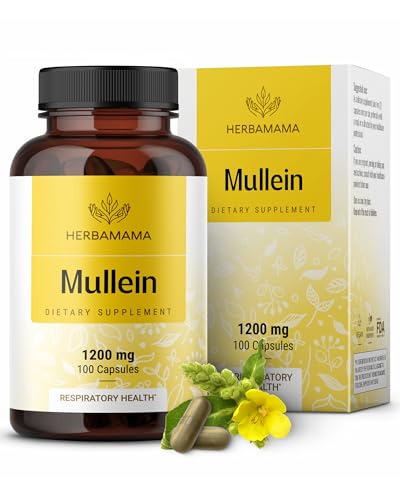 HERBAMAMA Mullein Leaf Capsules 1200mg Mullein Leaf Extract for Lungs Support Vegan NonGMO Respiratory Lung Cleanse Supplement 100 Caps