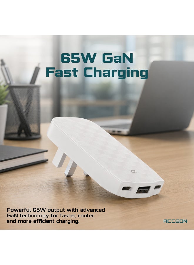 AcceOn 65W 3-Port Ultra Slim GaN Power Adapter with 1m Braided USB-C Cable - 65W PD/PPS Fast Charging for MacBooks, Smartphones & Tablets - Travel Friendly Design - Black - Image 4