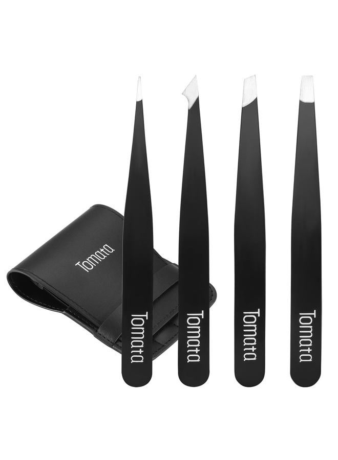 Tomata Tweezers for Eyebrows, 4-piece Slant Tip and Pointed Eyebrow Tweezer Set Great Precision for Eyebrows Facial Hair, Ingrown Hair, Splinter, Blackhead and Tick Remover (Black) - Image 1