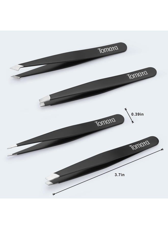 Tomata Tweezers for Eyebrows, 4-piece Slant Tip and Pointed Eyebrow Tweezer Set Great Precision for Eyebrows Facial Hair, Ingrown Hair, Splinter, Blackhead and Tick Remover (Black) - Image 5