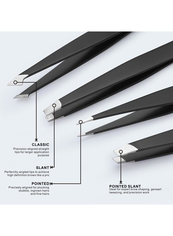 Tomata Tweezers for Eyebrows, 4-piece Slant Tip and Pointed Eyebrow Tweezer Set Great Precision for Eyebrows Facial Hair, Ingrown Hair, Splinter, Blackhead and Tick Remover (Black) - Image 2