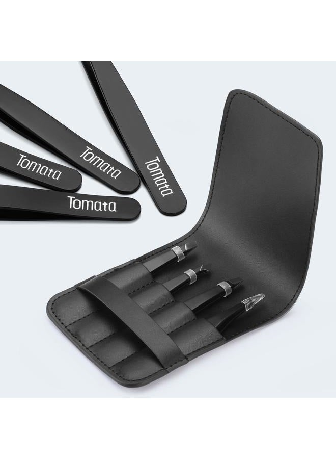 Tomata Tweezers for Eyebrows, 4-piece Slant Tip and Pointed Eyebrow Tweezer Set Great Precision for Eyebrows Facial Hair, Ingrown Hair, Splinter, Blackhead and Tick Remover (Black) - Image 4
