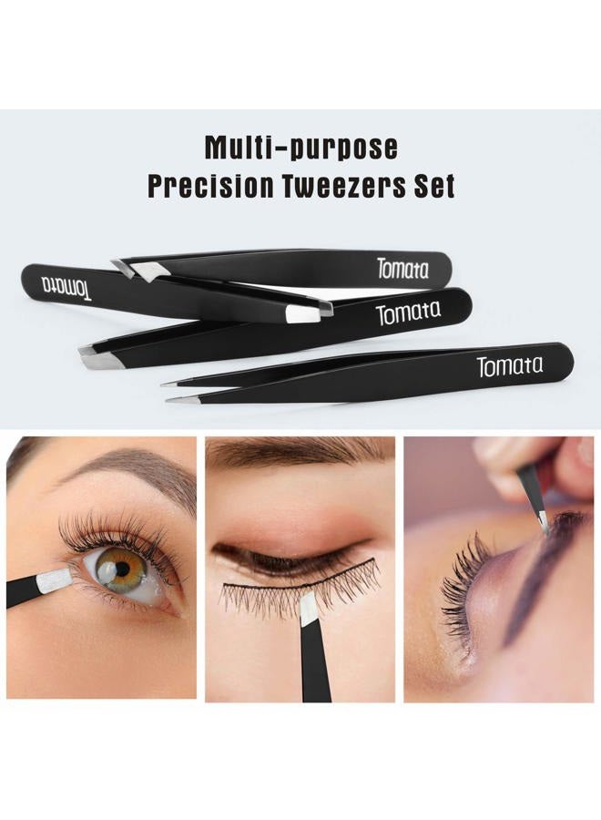 Tomata Tweezers for Eyebrows, 4-piece Slant Tip and Pointed Eyebrow Tweezer Set Great Precision for Eyebrows Facial Hair, Ingrown Hair, Splinter, Blackhead and Tick Remover (Black) - Image 3