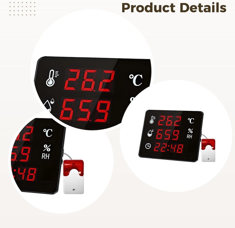 ميزان حرارة رقمي مزود بإنذار، مراقب لدرجة الحرارة والرطوبة -104°F~176℉ / -40℃~80℃، شاشة كبيرة مع أداة قياس - Image 2