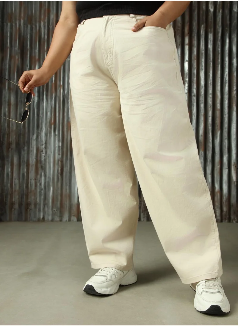 HIGH STAR Women's Beige Cotton Blend Solid Plus Size Cargo Trouser