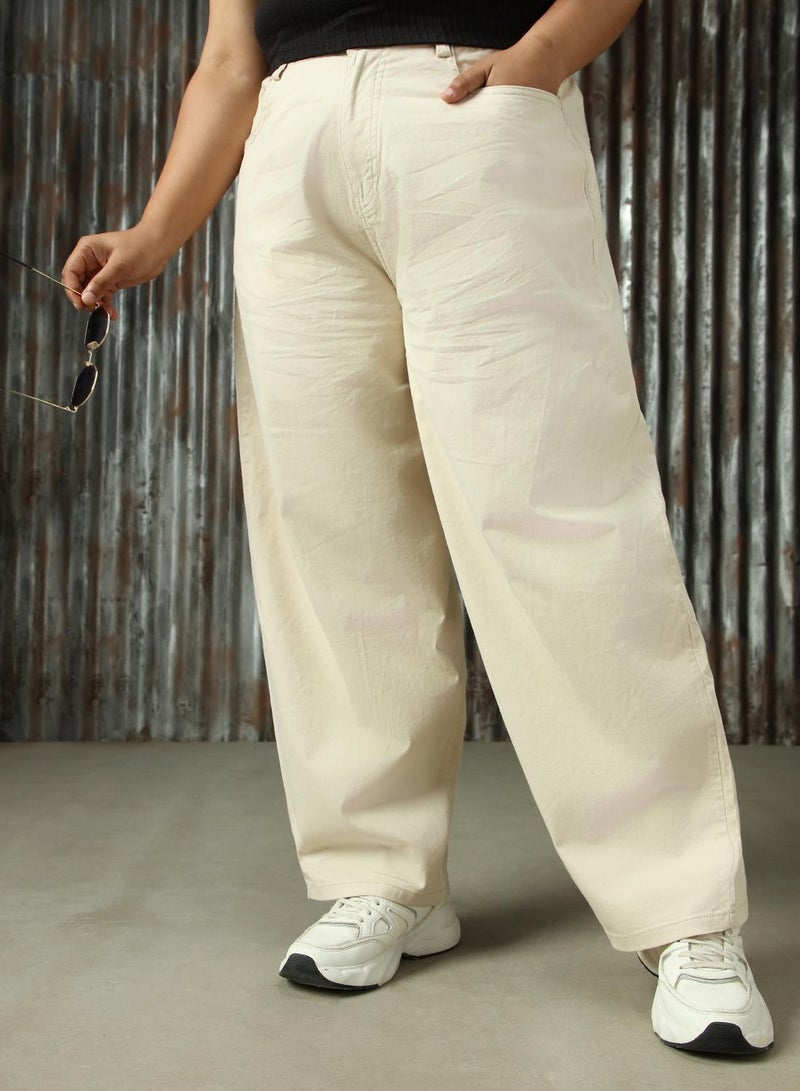 HIGH STAR Women's Beige Cotton Blend Solid Plus Size Cargo Trouser  - Image 5