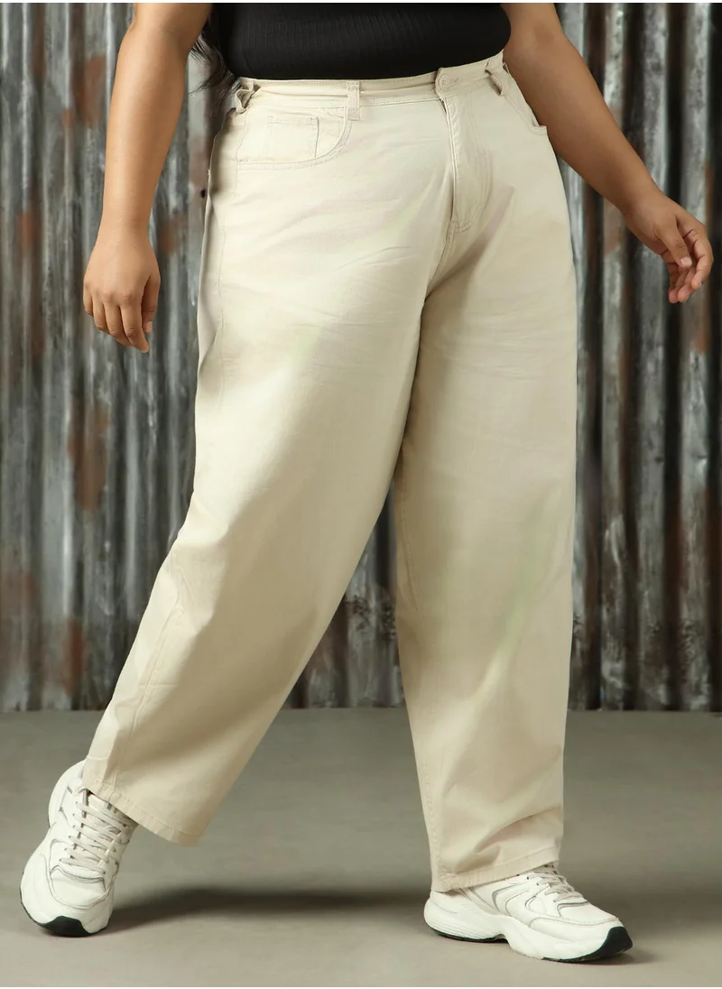 HIGH STAR Women's Beige Cotton Blend Solid Plus Size Cargo Trouser