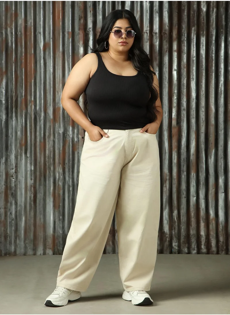 HIGH STAR Women's Beige Cotton Blend Solid Plus Size Cargo Trouser