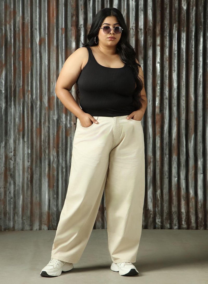 HIGH STAR Women's Beige Cotton Blend Solid Plus Size Cargo Trouser  - Image 1