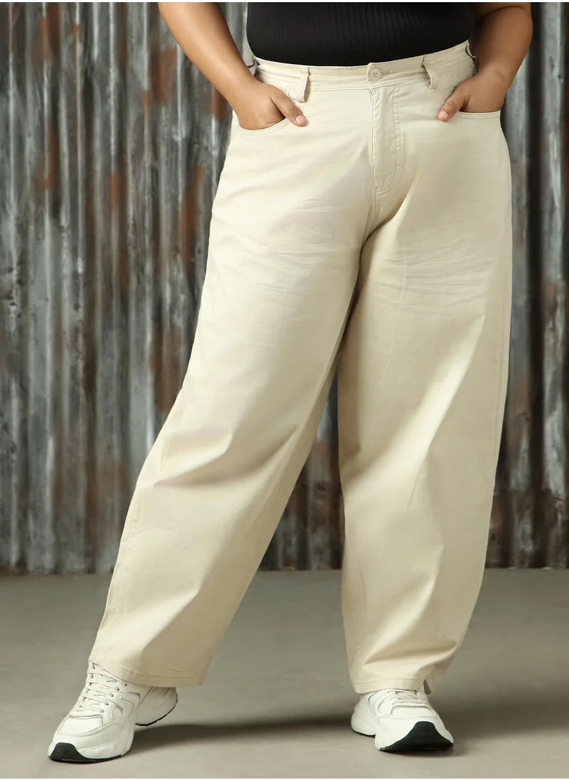 HIGH STAR Women's Beige Cotton Blend Solid Plus Size Cargo Trouser
