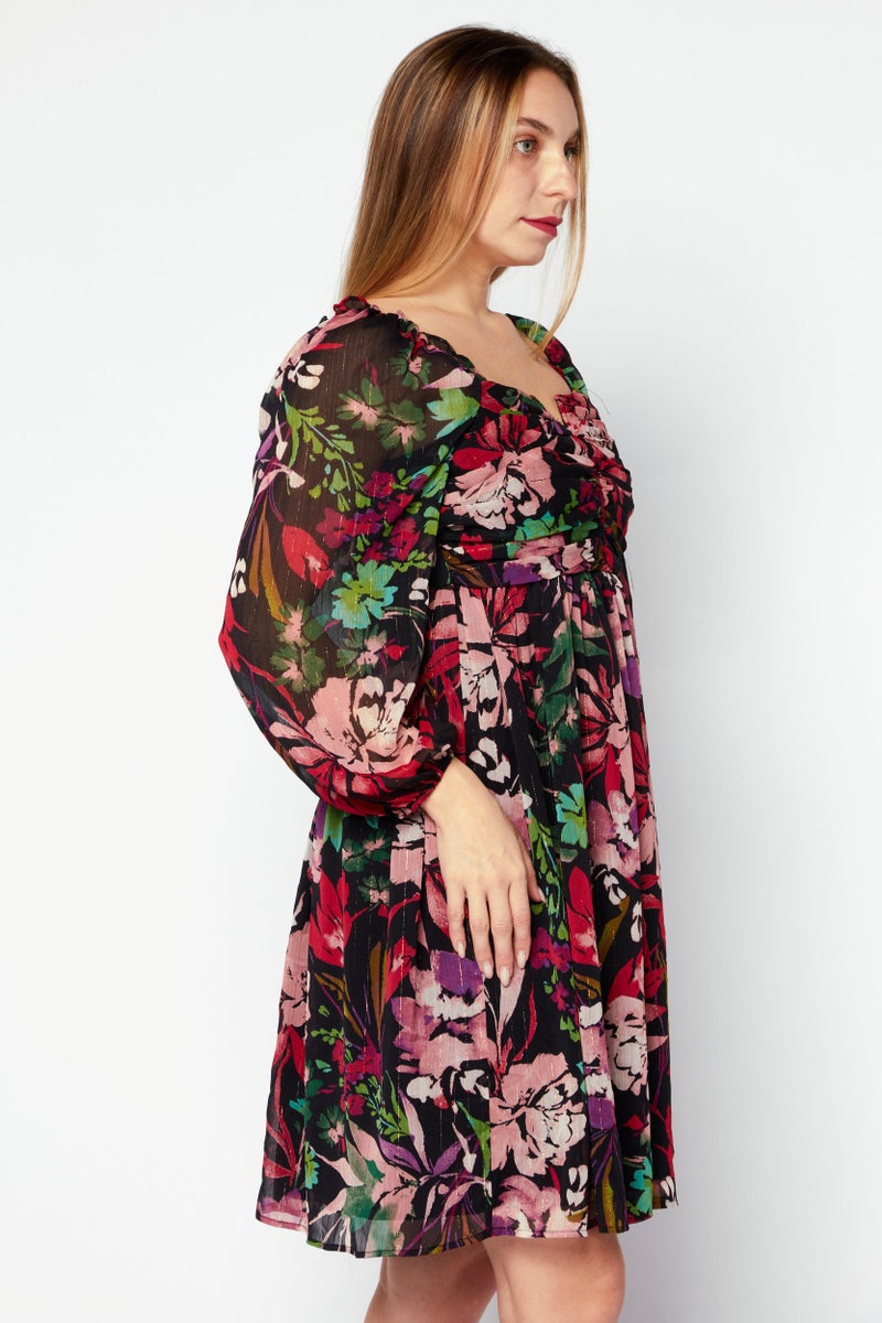 Tahari Women V Neck Long Sleeve Floral Mini Dress, Multicolor - Image 4