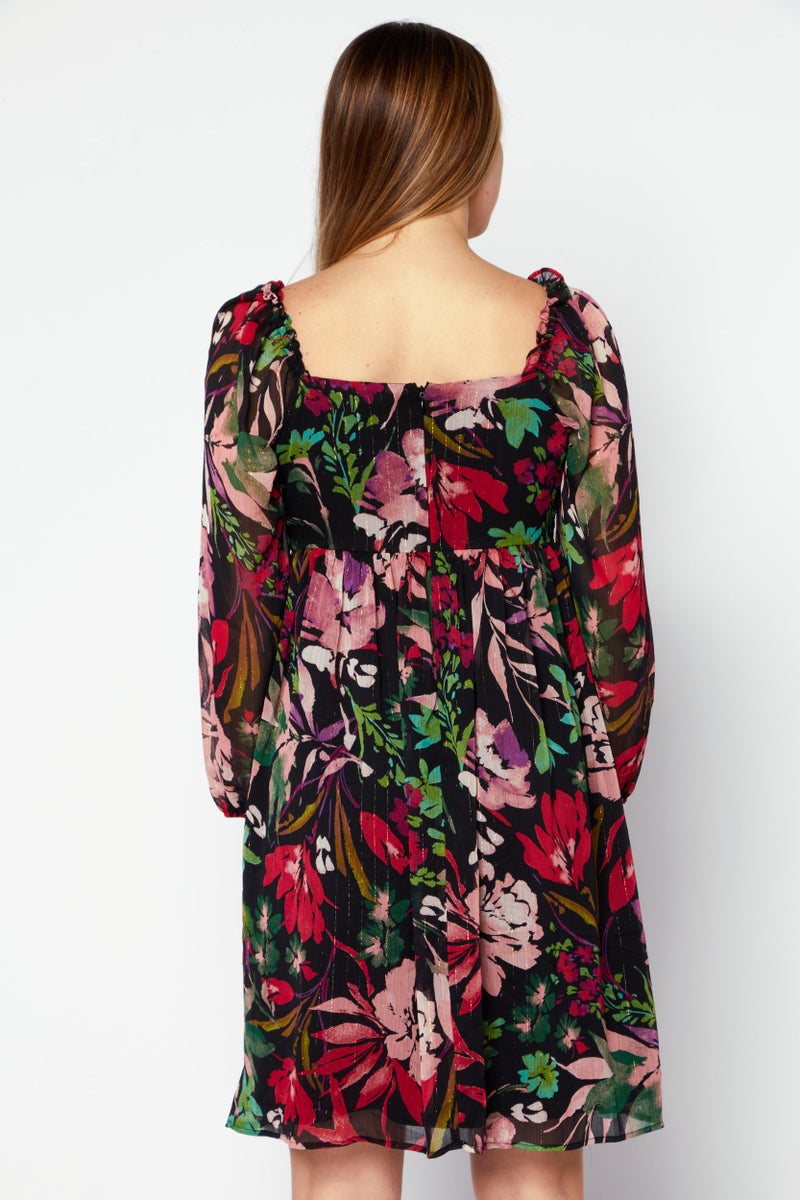 Tahari Women V Neck Long Sleeve Floral Mini Dress, Multicolor - Image 2