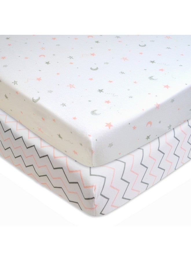 TL Care TL Care 2 Pack 100% Natural Cotton Fitted Mini Crib Sheets 38" x 24" - Soft & Breathable Small Nesting Portable Sheets, Fits Pack N Play Mattresses, Pink Stars/Zigzag, for Boys & Girls - Image 1