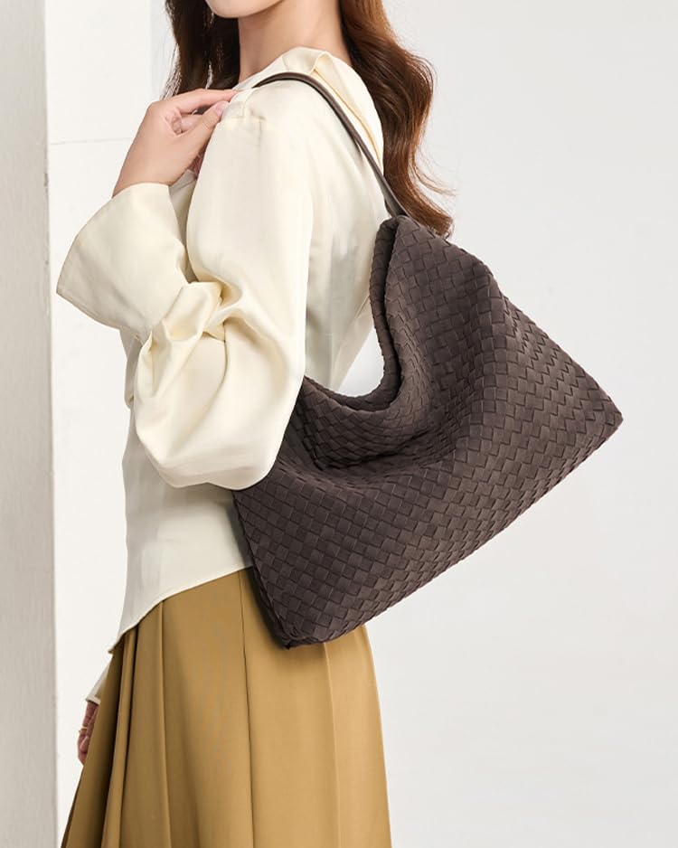 Rejolly Suede Tote Bag for Women Woven Hobo Handbag Slouchy Shoulder Purse Crossbody Designer Bag Suede Coffee - Image 2