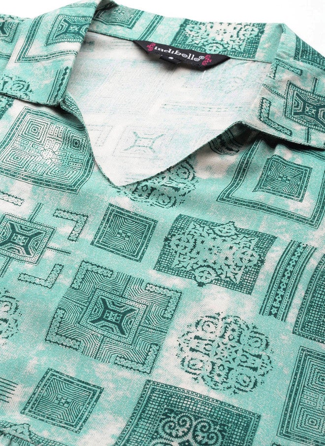 Indibelle Green Bohemian Print Bell Sleeve A-Line Midi Dress - Image 2