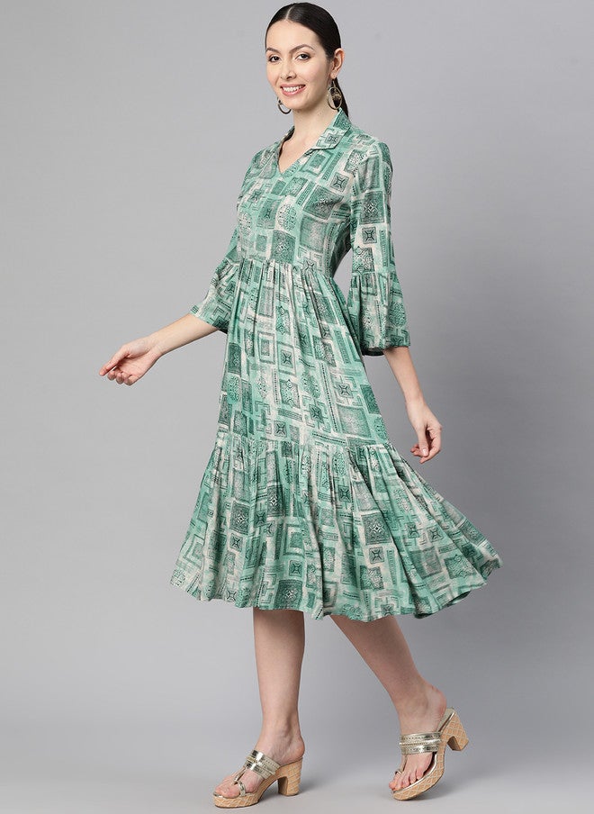 Indibelle Green Bohemian Print Bell Sleeve A-Line Midi Dress - Image 3