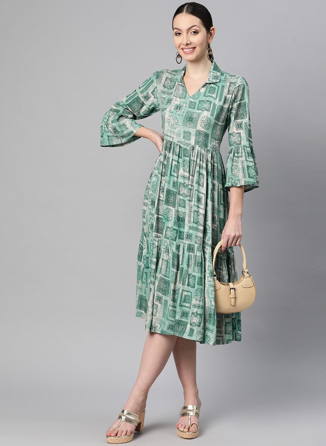 Indibelle Green Bohemian Print Bell Sleeve A-Line Midi Dress - Image 5
