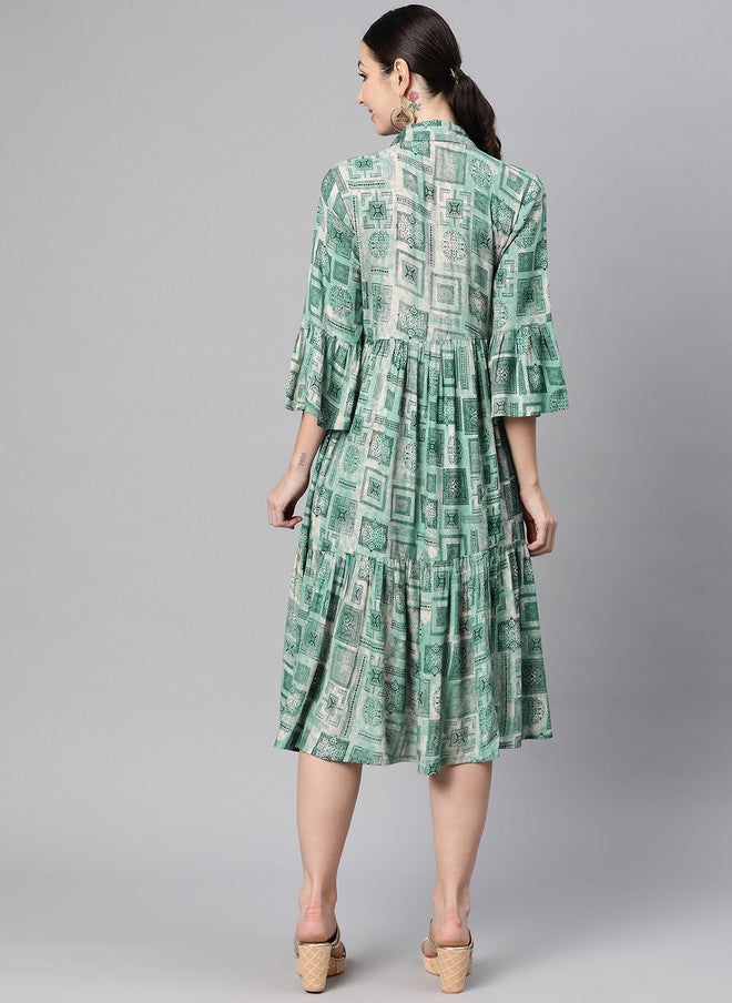 Indibelle Green Bohemian Print Bell Sleeve A-Line Midi Dress - Image 4
