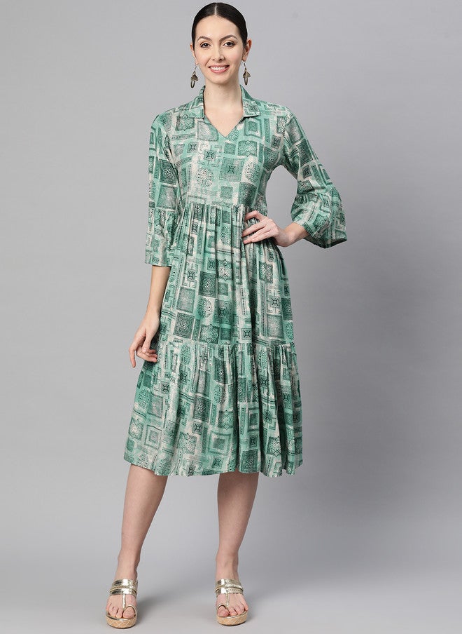 Indibelle Green Bohemian Print Bell Sleeve A-Line Midi Dress - Image 1