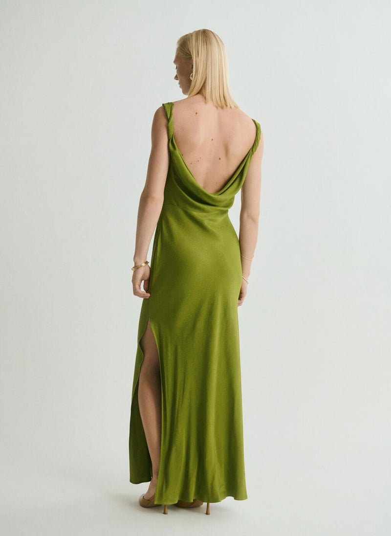MANGO Draped Neck Satin Texture Dress  - Image 2