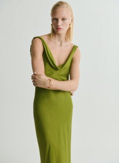 MANGO Draped Neck Satin Texture Dress  - Image 5