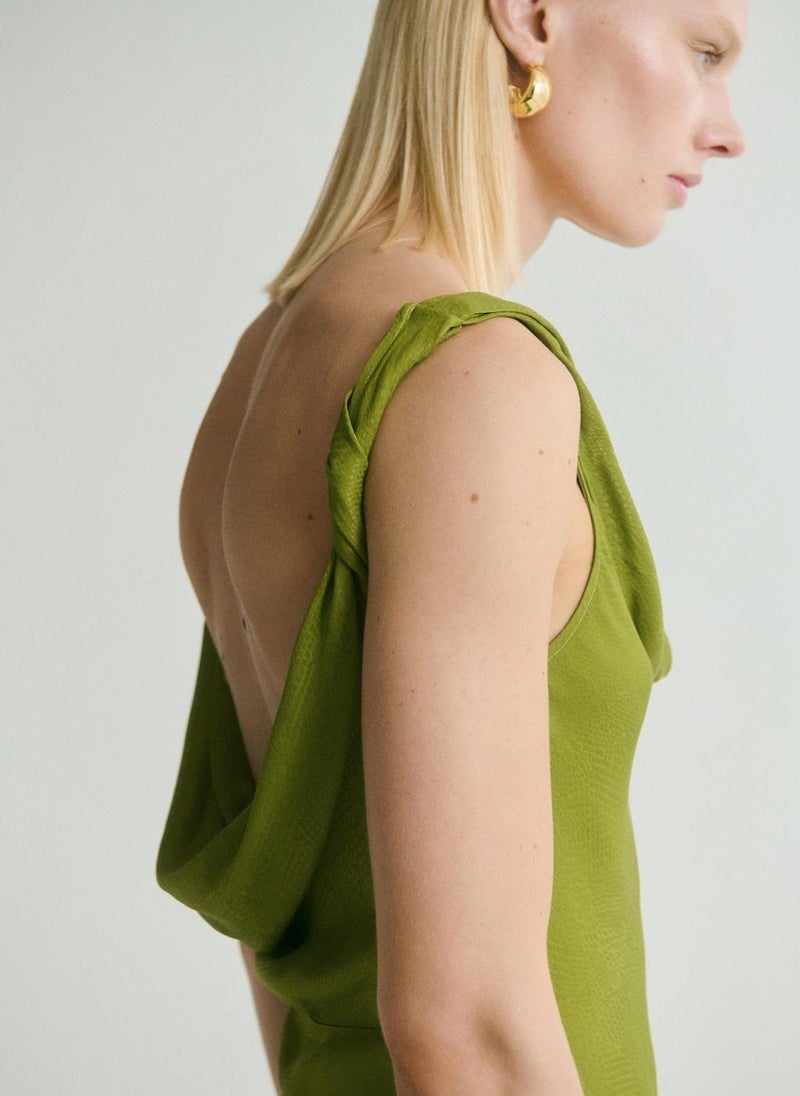 MANGO Draped Neck Satin Texture Dress  - Image 4