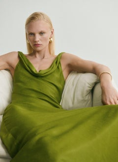 MANGO Draped Neck Satin Texture Dress  - Image 3