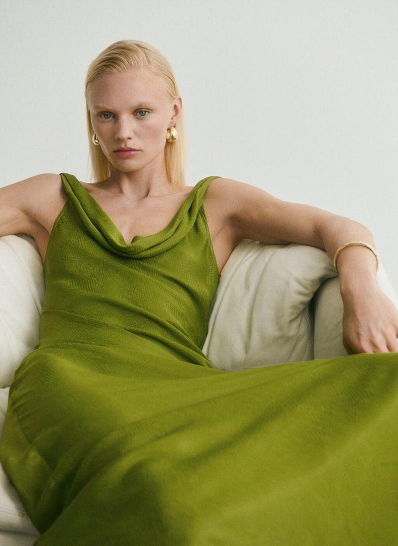 MANGO Draped Neck Satin Texture Dress  - Image 3
