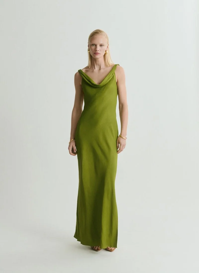 مانجو Draped Neck Satin Texture Dress