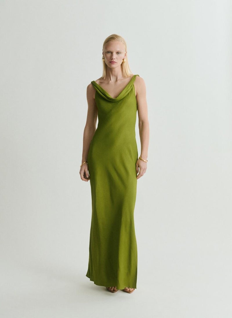 MANGO Draped Neck Satin Texture Dress  - Image 1