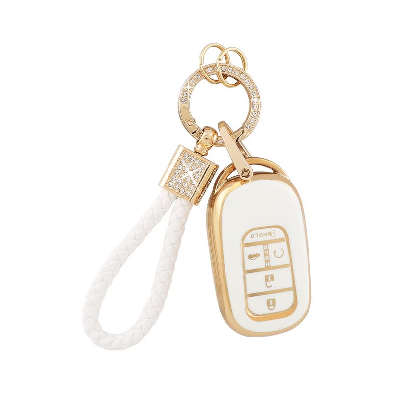 PIFOOG Key Fob Cover Fit for Honda 2025 2024 2023 CRV Civic Accord Pilot HRV 5 Button Car Smart Keys Shell Case with Bling Keychain Full Protector Accessories White Gold TPU Cute Girly Women