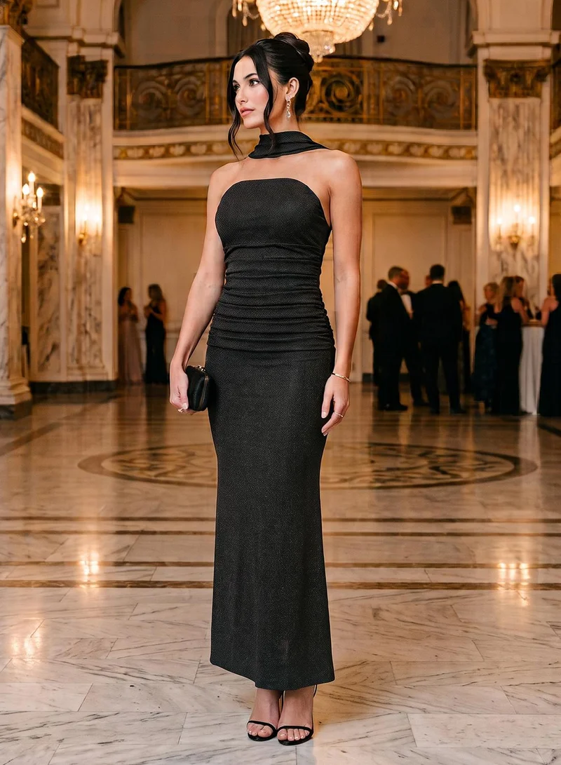 Ginger Boutique Off Shoulder Sequin Embellished Evening Dress with Scarf