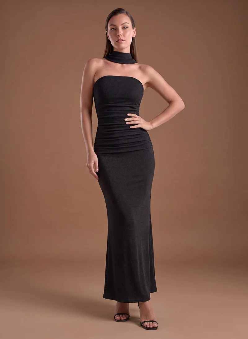 Ginger Boutique Off Shoulder Sequin Embellished Evening Dress with Scarf