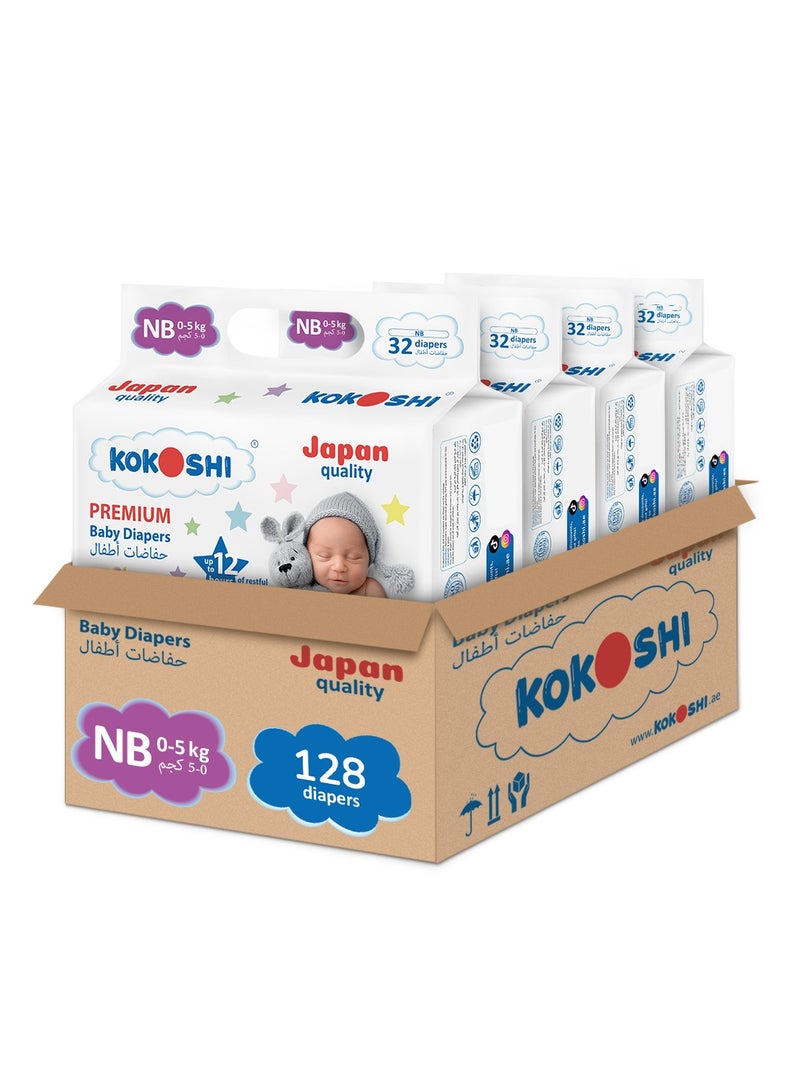 Kokoshi Premium Baby Diapers, Size 1 for babies 0-5kg x 128pcs, Eco-friendly and Hypoallergenic Nappies, Japan Quality Ultimate Softness Leakproof for Skin Care Protection (DNB-128) - Image 1