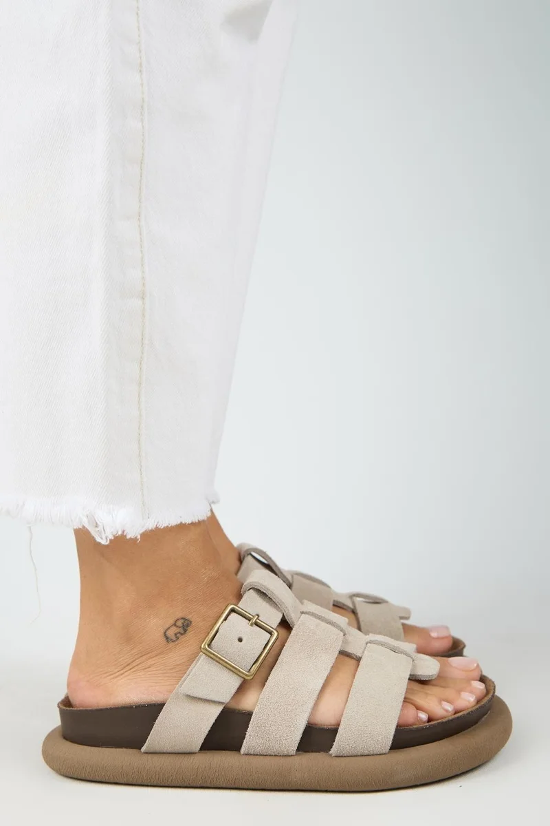 Manijero Manijero (Hicks) Women's Genuine Leather Buckle Strap Slippers in Beige