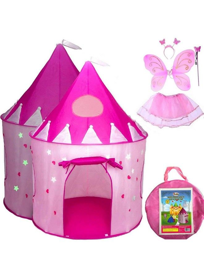 Playz 5 Piece Princess Castle Girls Pop Up Play Tent & Dress Up Costume Bundle Playhouse Gift For Girls & Toddler For Indoor & Outdoor Use With Pink Fairy Tale Carrying Bag & Glow In The Dark Stars  - Image 1