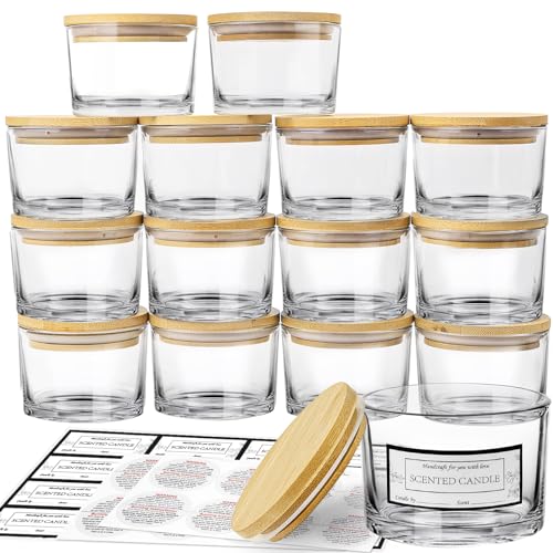CONNOO 15 Pack 4 OZ Clear Glass Candle Jars with Airtight Bamboo Lids for Making Candles, Bulk Small Wide Mouth Empty Candle Containers with Sticky Warning Labels - Dishwasher Safe - Image 1
