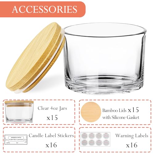 CONNOO 15 Pack 4 OZ Clear Glass Candle Jars with Airtight Bamboo Lids for Making Candles, Bulk Small Wide Mouth Empty Candle Containers with Sticky Warning Labels - Dishwasher Safe - Image 2