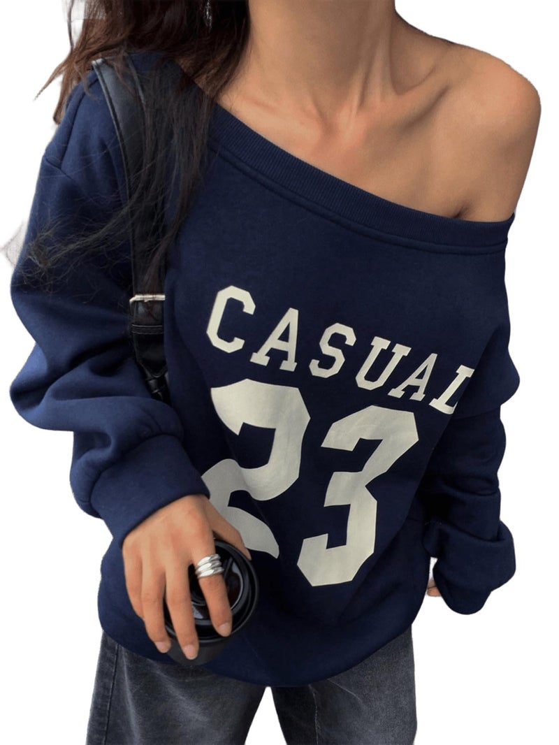 SXV STYLE Women's Off Shoulder Casual Sweatshirt, Navy Blue with White '33' Graphic Print (in, Alpha, XS, Navyblue) - Image 1