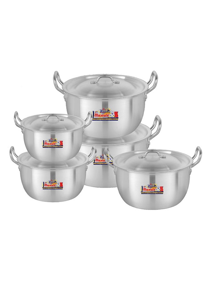Majestic Delish 3x7 Cookware Set – 5 Pcs Deep Stock Pots, Durable High-Grade Aluminium, Shiny Metal Finish, Dishwasher Safe, Compact Stackable Design, Sizes 23-33 cm (5.5-15.5 Ltr) - Image 1