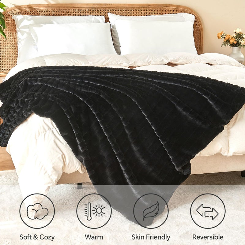 بيديليت بيدليت فو فرو رمي بطانية للأريكة ناعمة ودافئة ثلاثية الأبعاد مضلعة بطانية سميكة الدفء الدافئ غامض فو فرو بطانية للنساء هدية (أسود 60 "× 80" ") - Image 2