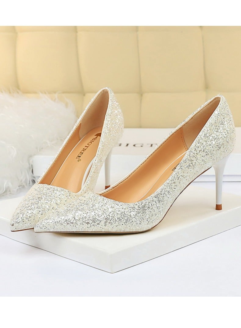 BIGTREE Women's Shiny Sequins Fashionable Stiletto Pumps 7 cm Elegant Gorgeous Closed Pointed Toe Slip On Solid High Heels Cream White - Image 1