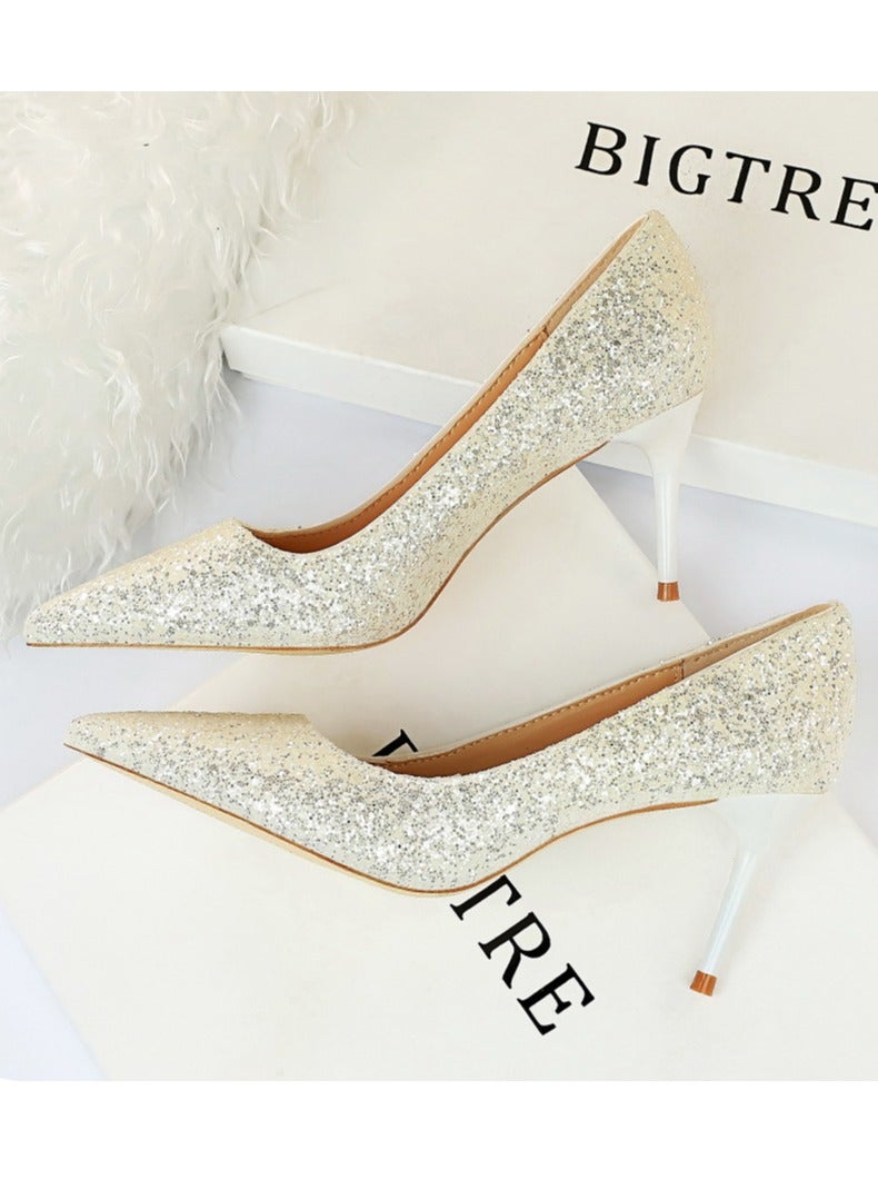 BIGTREE Women's Shiny Sequins Fashionable Stiletto Pumps 7 cm Elegant Gorgeous Closed Pointed Toe Slip On Solid High Heels Cream White - Image 3