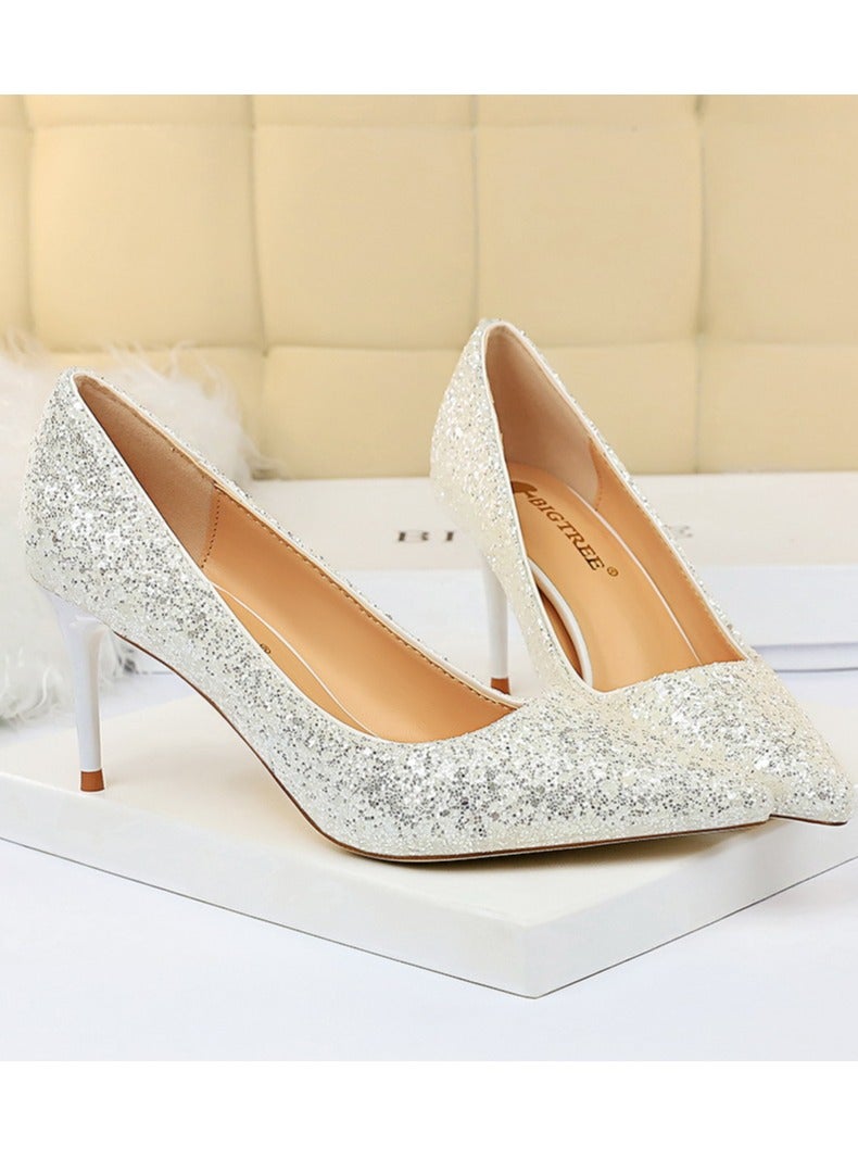 BIGTREE Women's Shiny Sequins Fashionable Stiletto Pumps 7 cm Elegant Gorgeous Closed Pointed Toe Slip On Solid High Heels Cream White - Image 2