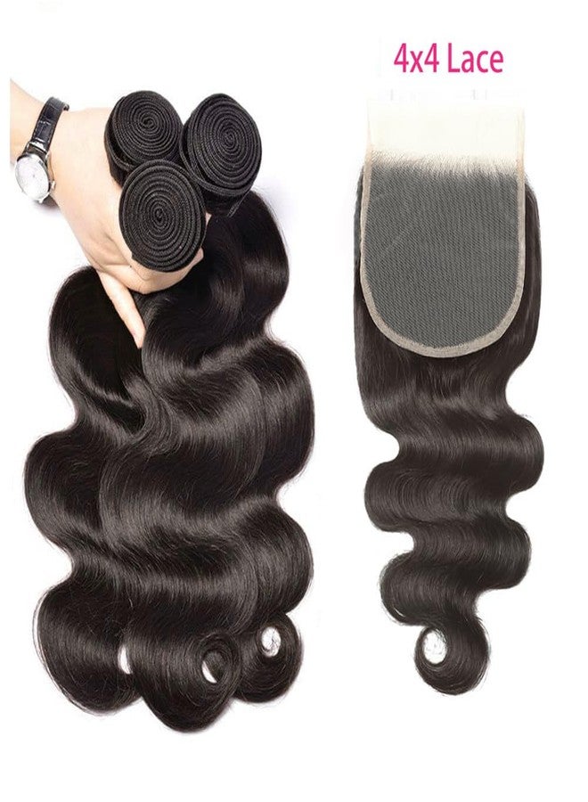 feibin Human Hair Bundles with Closure 18 20 22+16 Inch Body Wave Closure with bundles 100% Brazilian Virgin 3 Bundles Human Hair Weave with 4x4 Free Part Lace Closures Natural Black - Image 2