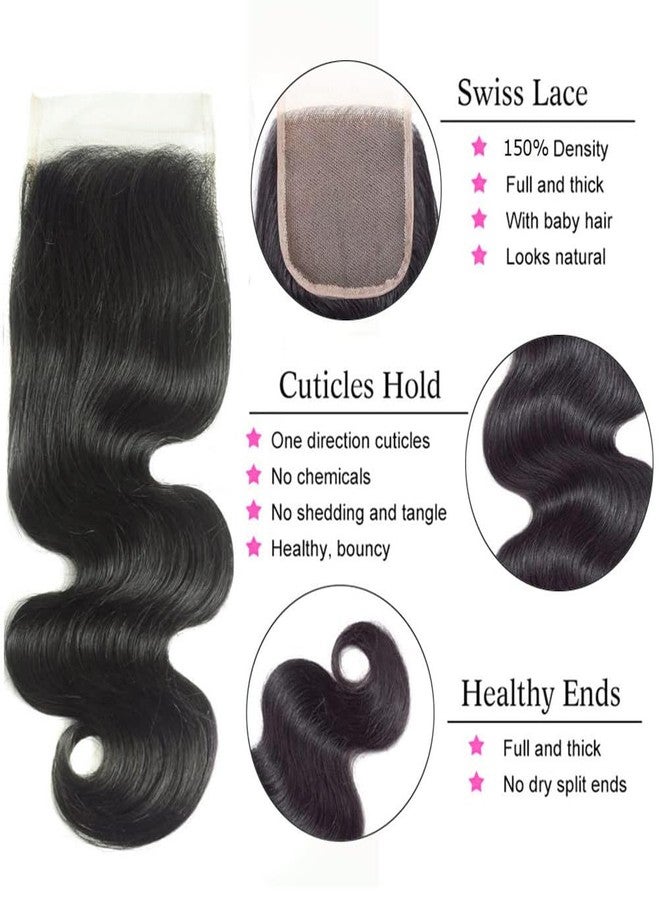 feibin Human Hair Bundles with Closure 18 20 22+16 Inch Body Wave Closure with bundles 100% Brazilian Virgin 3 Bundles Human Hair Weave with 4x4 Free Part Lace Closures Natural Black - Image 5