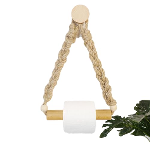 koofull Rattan Toilet Paper Holder, Boho Rope Wood Hanging Tissue Rolls Paper Holder Wall Mounted, Rustic and Natural Unique Bathroom Accessories with Self-Adhesive Seamless Screw - Image 1