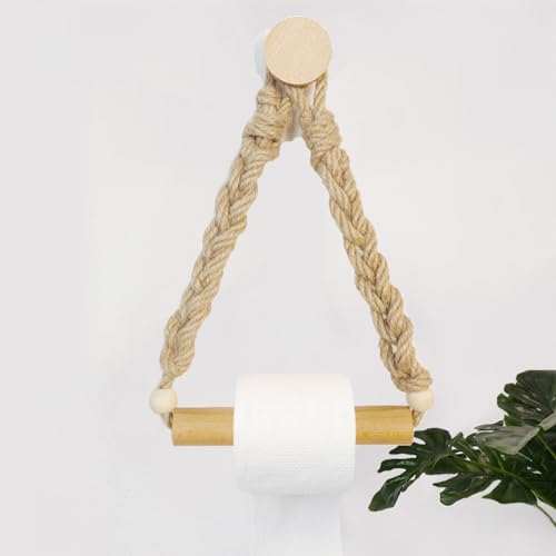 koofull Rattan Toilet Paper Holder, Boho Rope Wood Hanging Tissue Rolls Paper Holder Wall Mounted, Rustic and Natural Unique Bathroom Accessories with Self-Adhesive Seamless Screw - Image 2